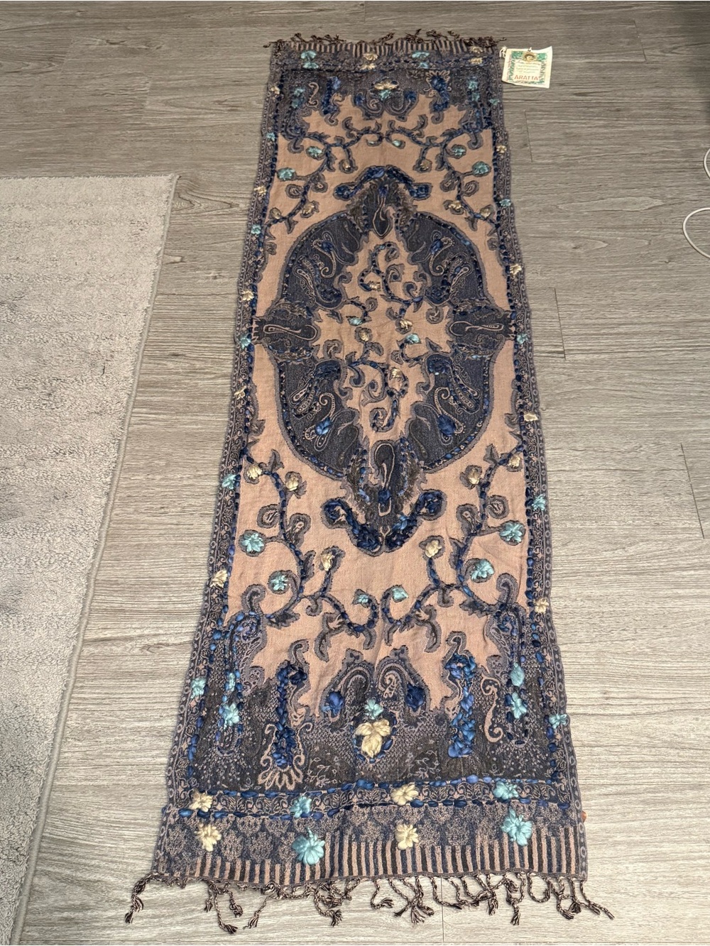 Aratta Taupe and Navy Embroidered Scarf/Runner